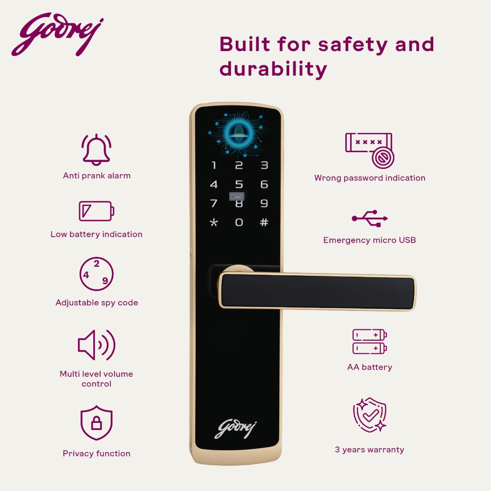 Godrej Locking Solutions and Systems Smart LocksICatus Touch PlusISmart Digital Lock for Wooden DoorI4 in 1 AccessI FingerprintIRfidIPin AccessIMechanical KeyIChampagne Gold Finish, Alloy Steel